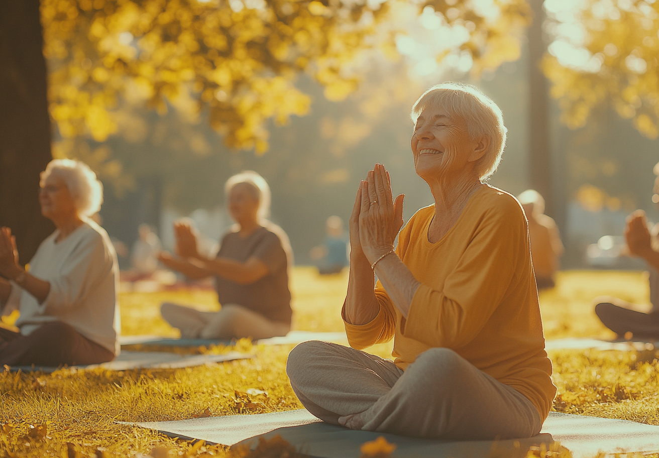 Група людей, що практикують йогу на природі